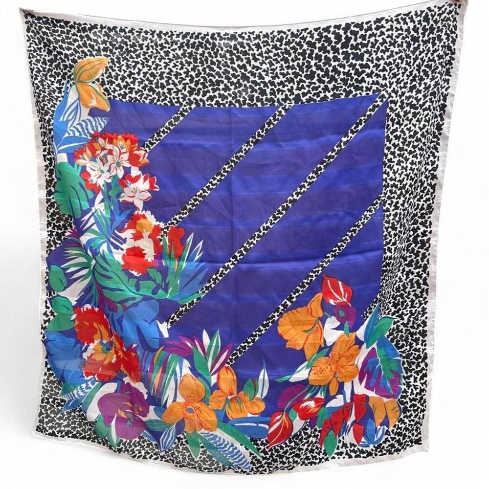 Vintage 80s tropical floral and leopard print scarf